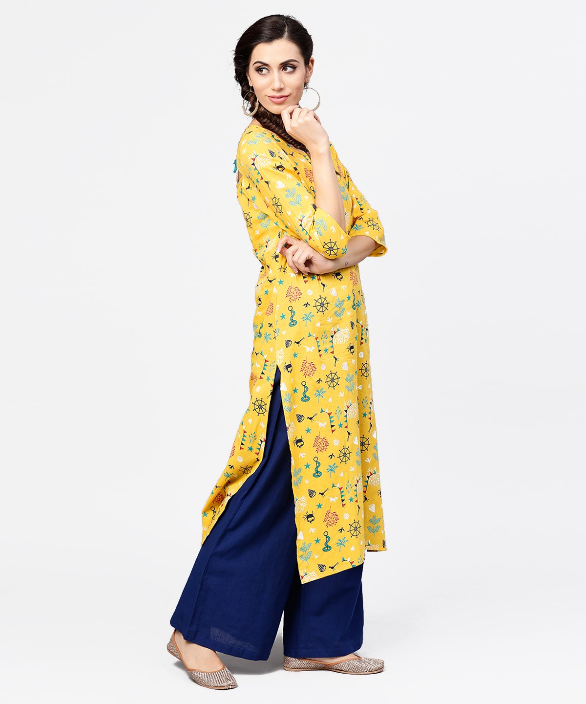Yellow 3/4Th Sleeve Cotton Straight Kurta | LASVINI - Redefining Indian Fashion with Elegance