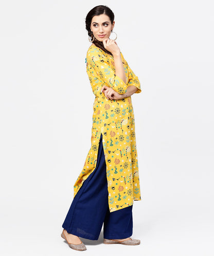 Yellow 3/4Th Sleeve Cotton Straight Kurta | LASVINI - Redefining Indian Fashion with Elegance