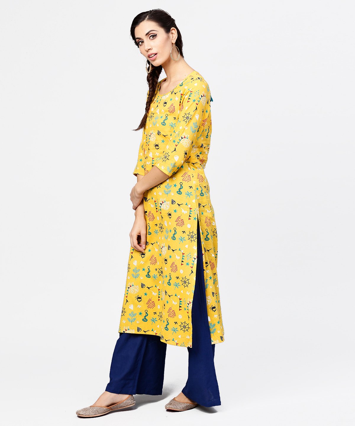 Yellow 3/4Th Sleeve Cotton Straight Kurta | LASVINI - Redefining Indian Fashion with Elegance