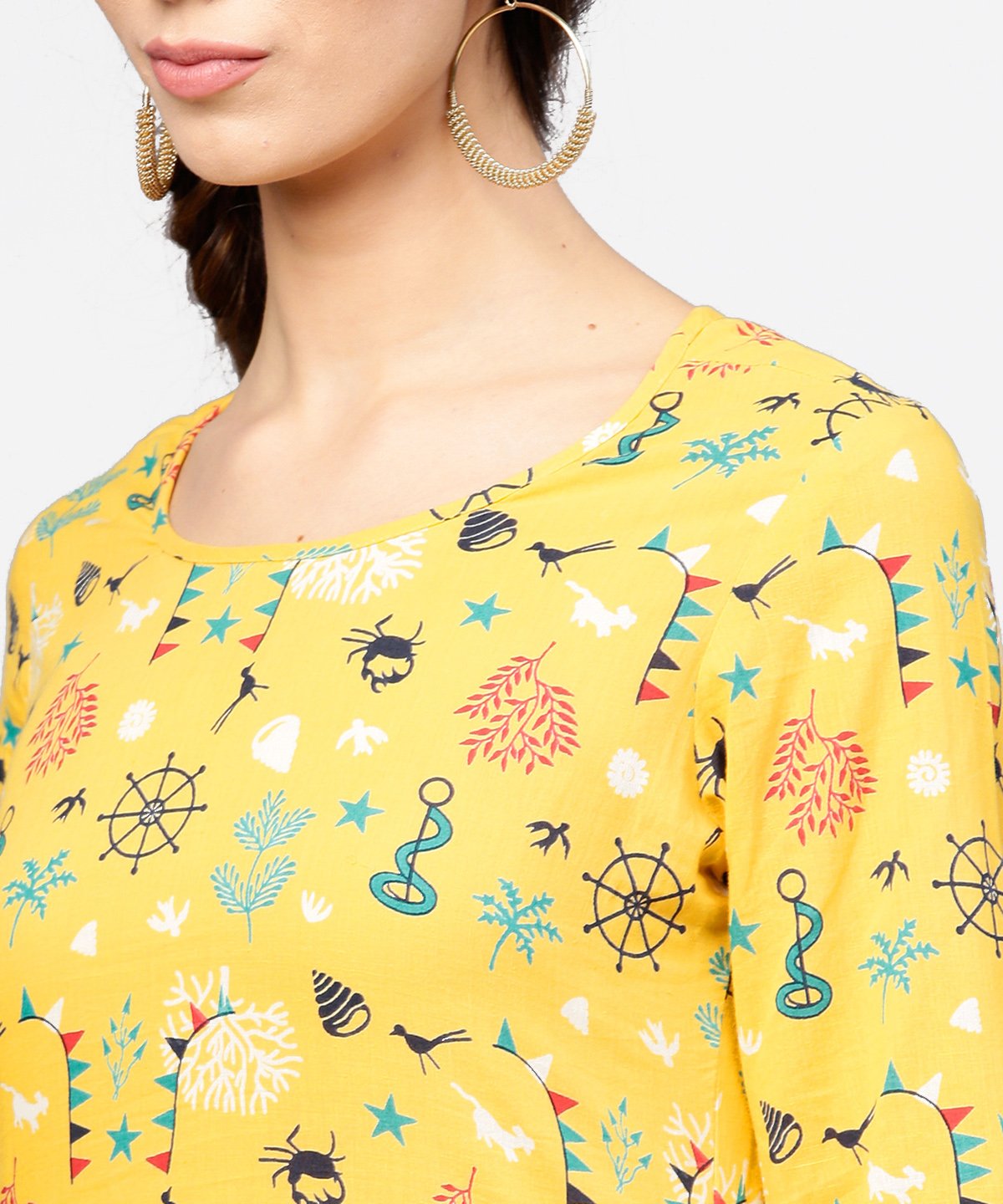 Yellow 3/4Th Sleeve Cotton Straight Kurta | LASVINI - Redefining Indian Fashion with Elegance