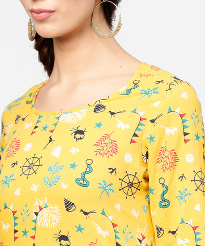 Yellow 3/4Th Sleeve Cotton Straight Kurta | LASVINI - Redefining Indian Fashion with Elegance