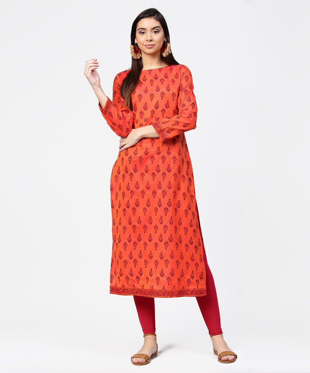 Red Printed Full Sleeve Straight Cotton Kurta | LASVINI - Redefining Indian Fashion with Elegance