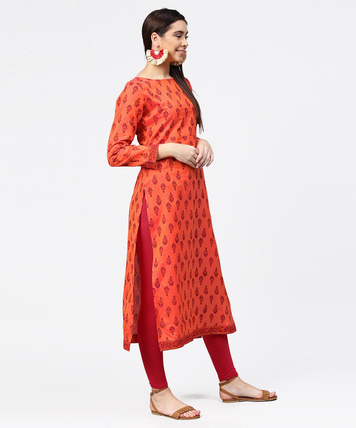 Red Printed Full Sleeve Straight Cotton Kurta | LASVINI - Redefining Indian Fashion with Elegance