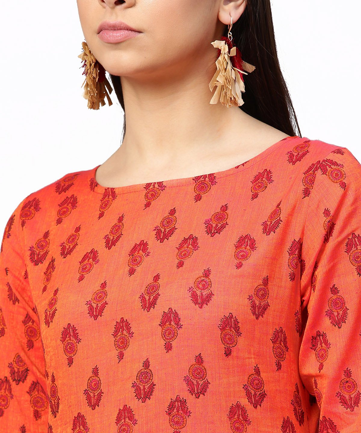 Red Printed Full Sleeve Straight Cotton Kurta | LASVINI - Redefining Indian Fashion with Elegance