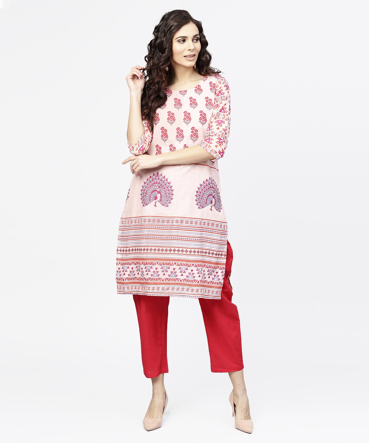Off White Printed 3/4Th Sleeve Cotton Kurta | LASVINI - Redefining Indian Fashion with Elegance
