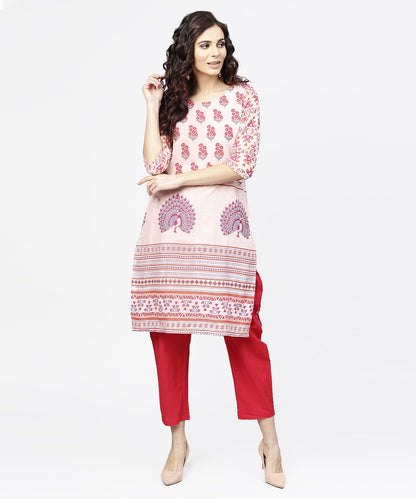Off White Printed 3/4Th Sleeve Cotton Kurta | LASVINI - Redefining Indian Fashion with Elegance