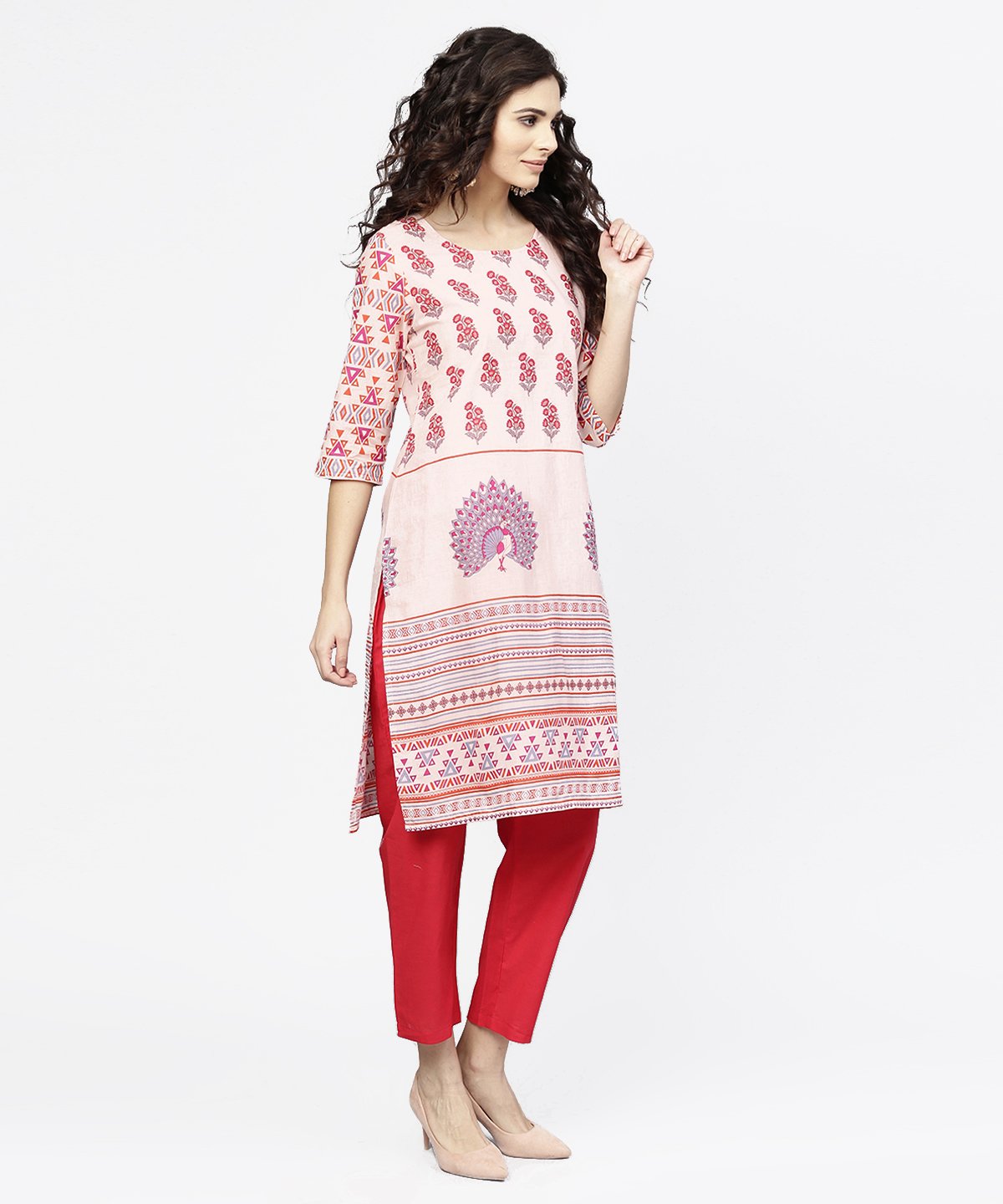 Off White Printed 3/4Th Sleeve Cotton Kurta | LASVINI - Redefining Indian Fashion with Elegance