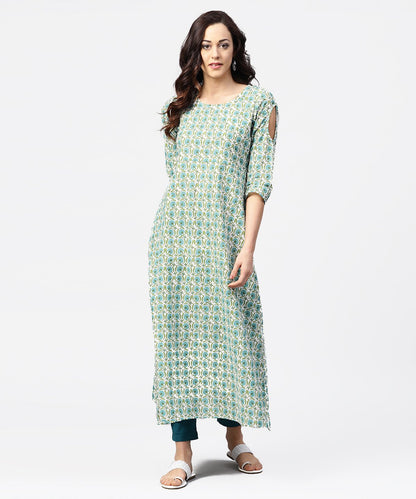 Green Printed 3/4Th Sleeve Cotton Maxi Dress | LASVINI - Redefining Indian Fashion with Elegance
