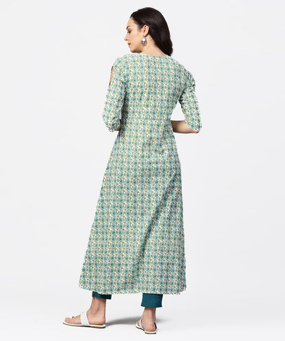 Green Printed 3/4Th Sleeve Cotton Maxi Dress | LASVINI - Redefining Indian Fashion with Elegance