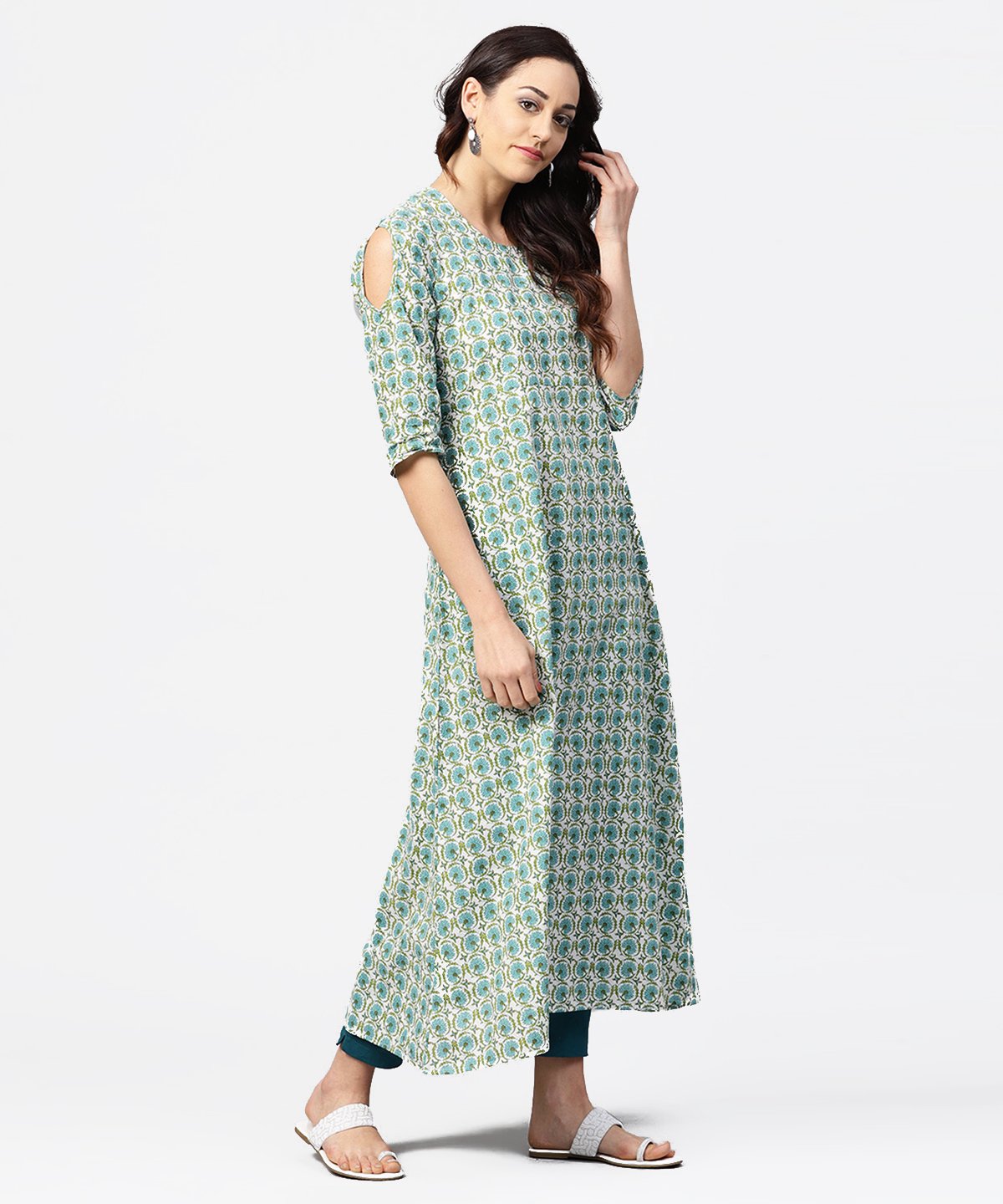 Green Printed 3/4Th Sleeve Cotton Maxi Dress | LASVINI - Redefining Indian Fashion with Elegance