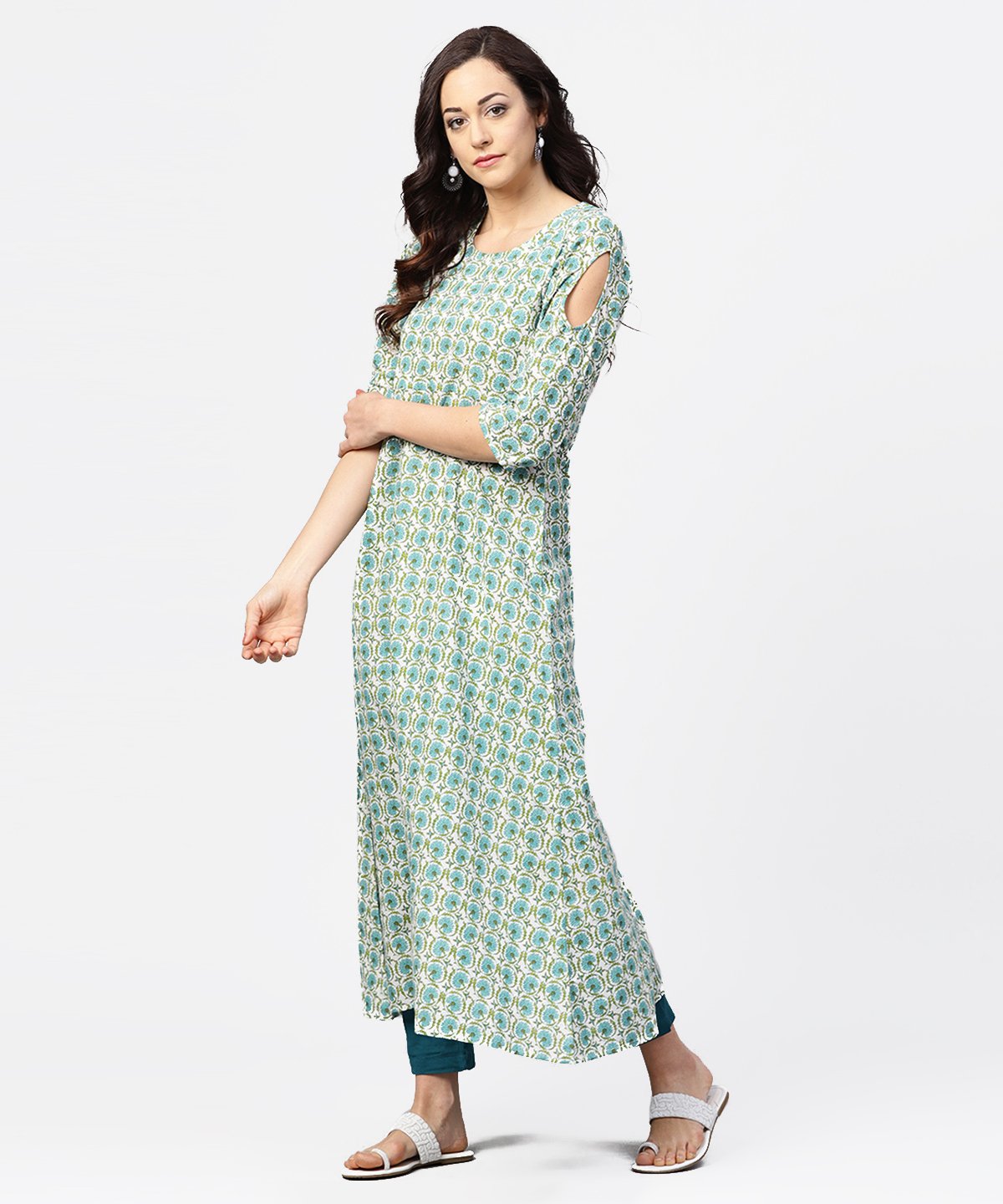 Green Printed 3/4Th Sleeve Cotton Maxi Dress | LASVINI - Redefining Indian Fashion with Elegance