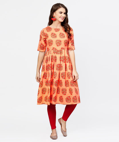 Peach Half Sleeve Cotton Anarkali Kurta | LASVINI - Redefining Indian Fashion with Elegance