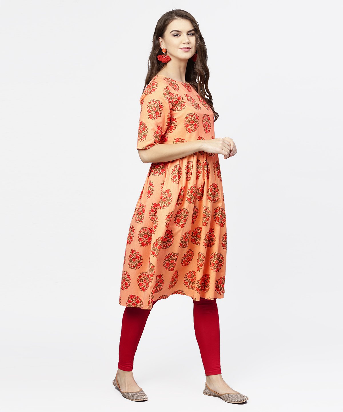 Peach Half Sleeve Cotton Anarkali Kurta | LASVINI - Redefining Indian Fashion with Elegance