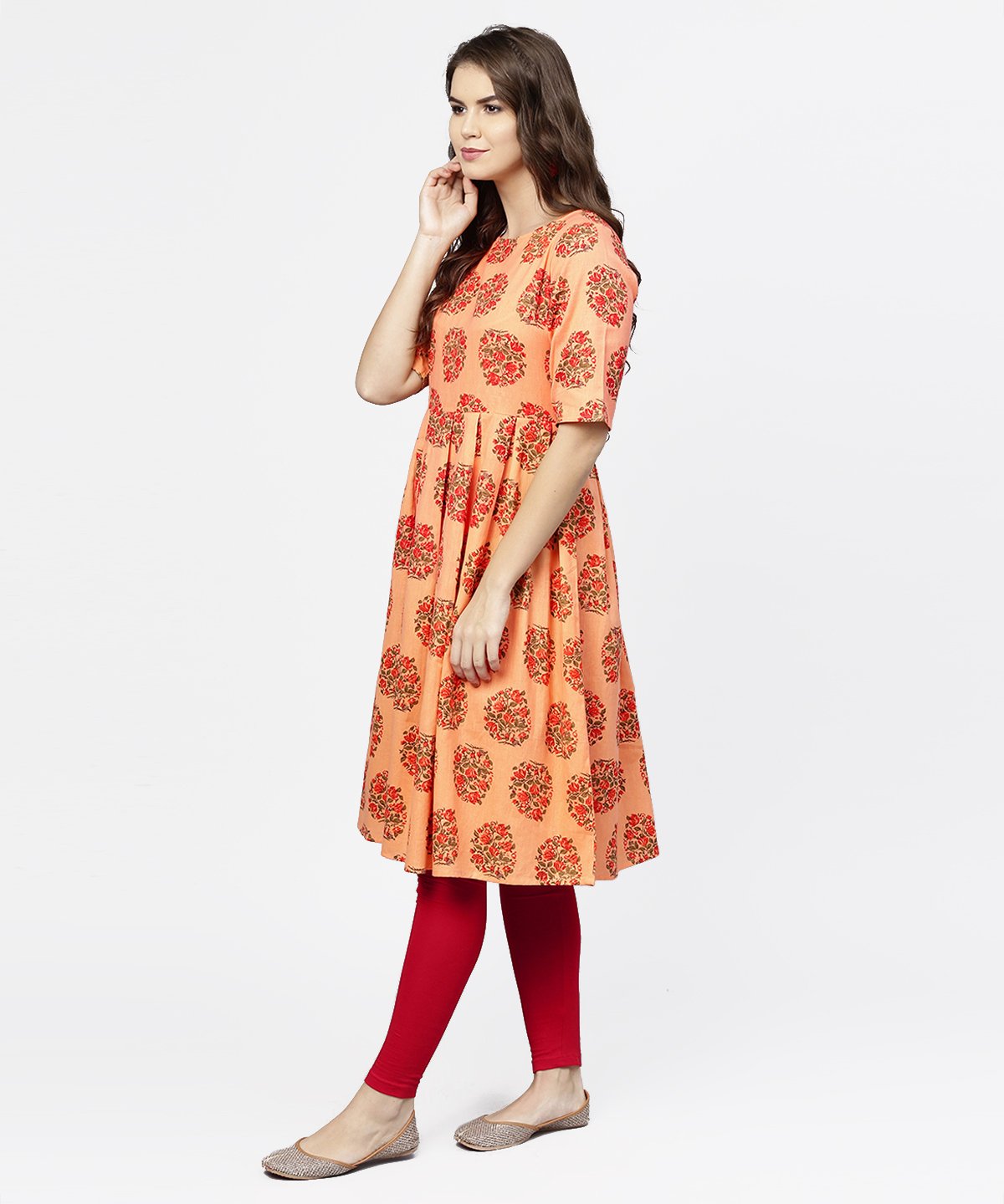Peach Half Sleeve Cotton Anarkali Kurta | LASVINI - Redefining Indian Fashion with Elegance