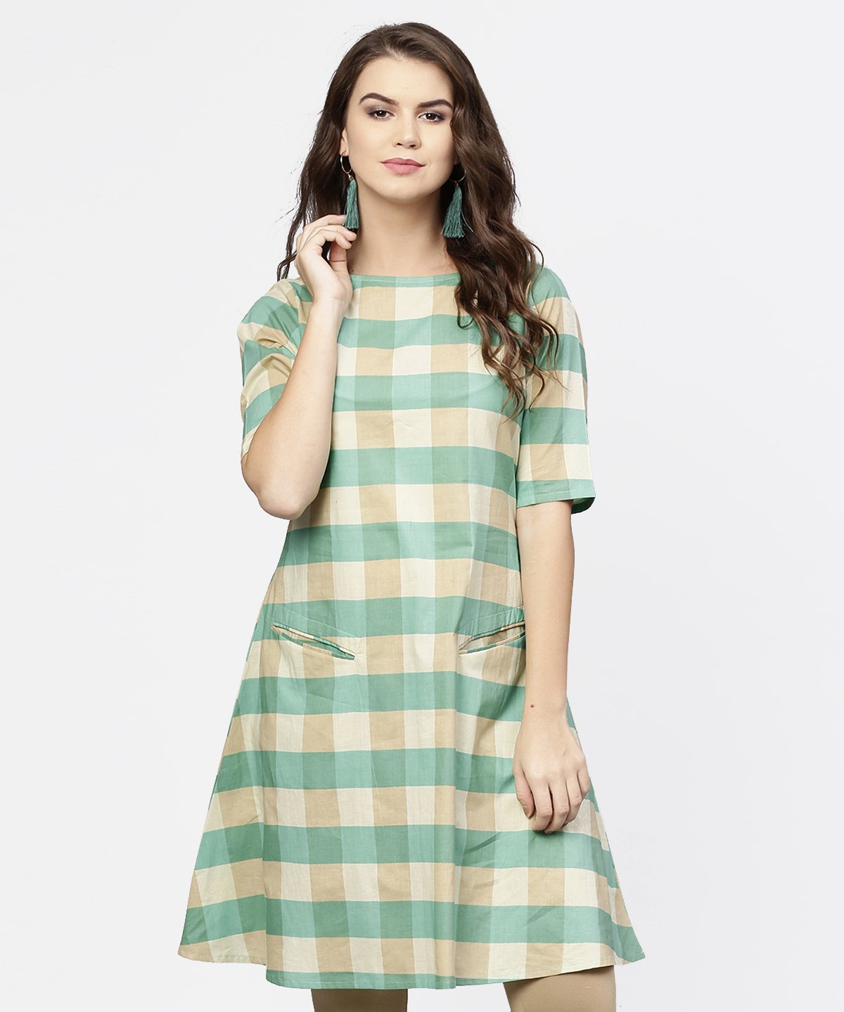 Green Checked Half Sleeve Cotton Kurta | LASVINI - Redefining Indian Fashion with Elegance