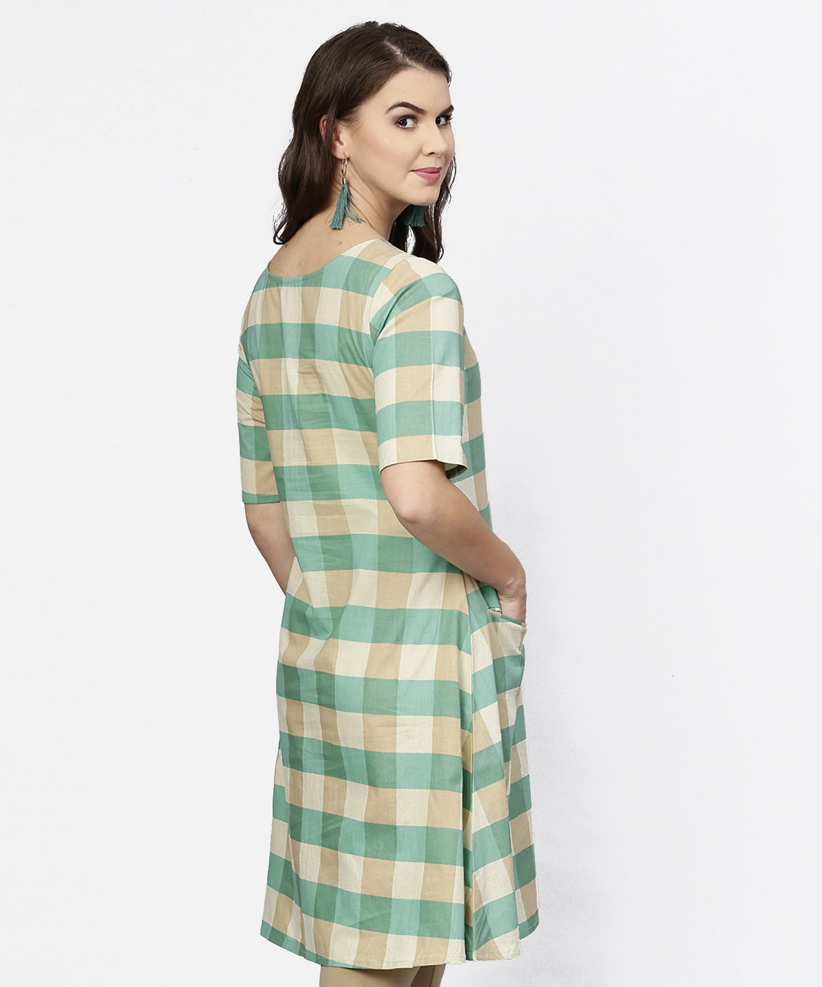 Green Checked Half Sleeve Cotton Kurta | LASVINI - Redefining Indian Fashion with Elegance