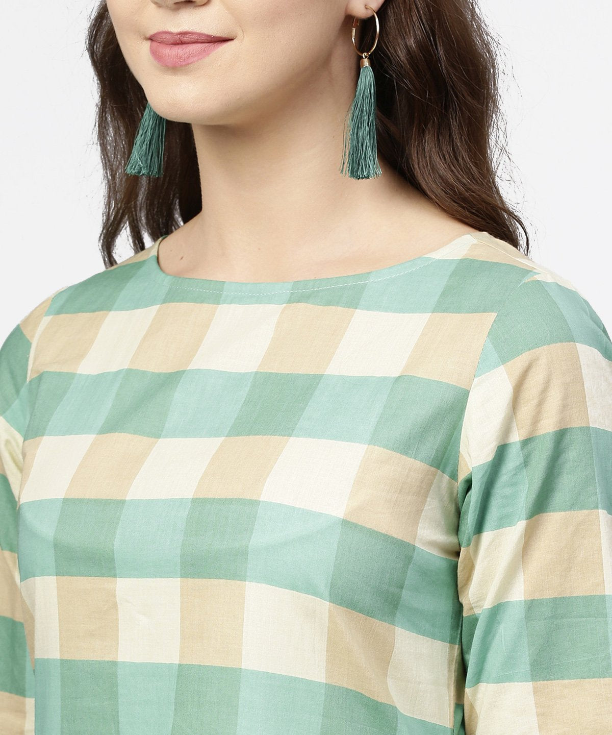 Green Checked Half Sleeve Cotton Kurta | LASVINI - Redefining Indian Fashion with Elegance