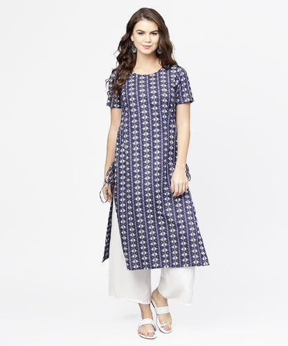 Blue Half Printed Straight Cotton Kurta With Dori Work | LASVINI - Redefining Indian Fashion with Elegance