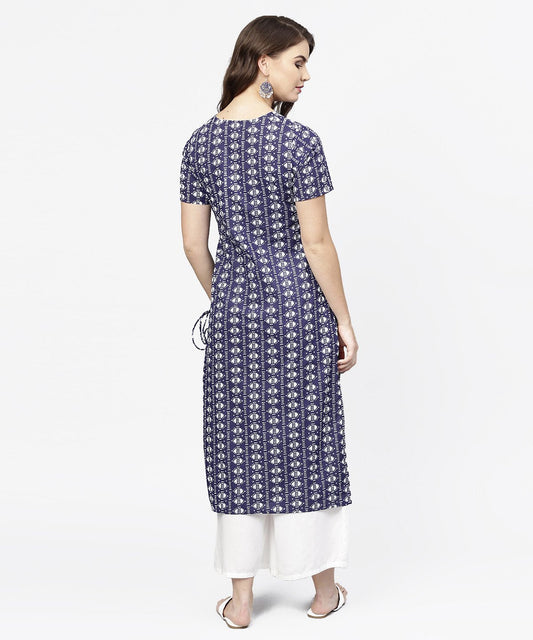 Blue Half Printed Straight Cotton Kurta With Dori Work | LASVINI - Redefining Indian Fashion with Elegance