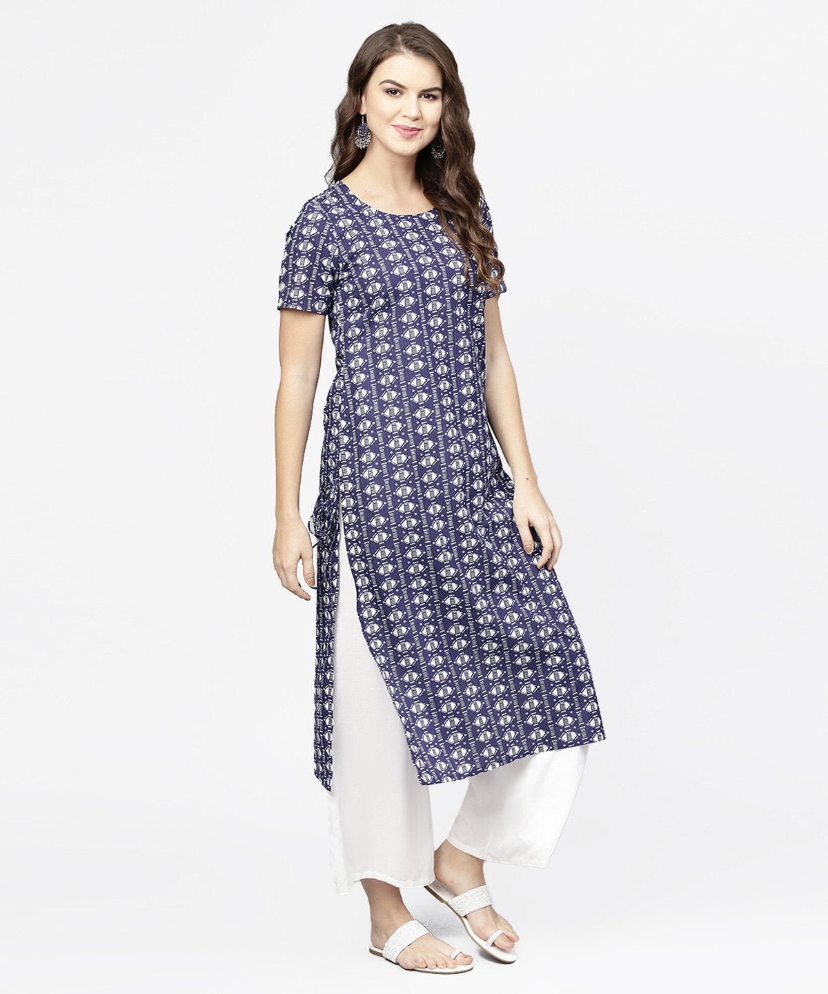 Blue Half Printed Straight Cotton Kurta With Dori Work | LASVINI - Redefining Indian Fashion with Elegance