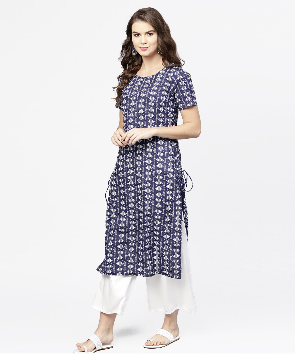 Blue Half Printed Straight Cotton Kurta With Dori Work | LASVINI - Redefining Indian Fashion with Elegance