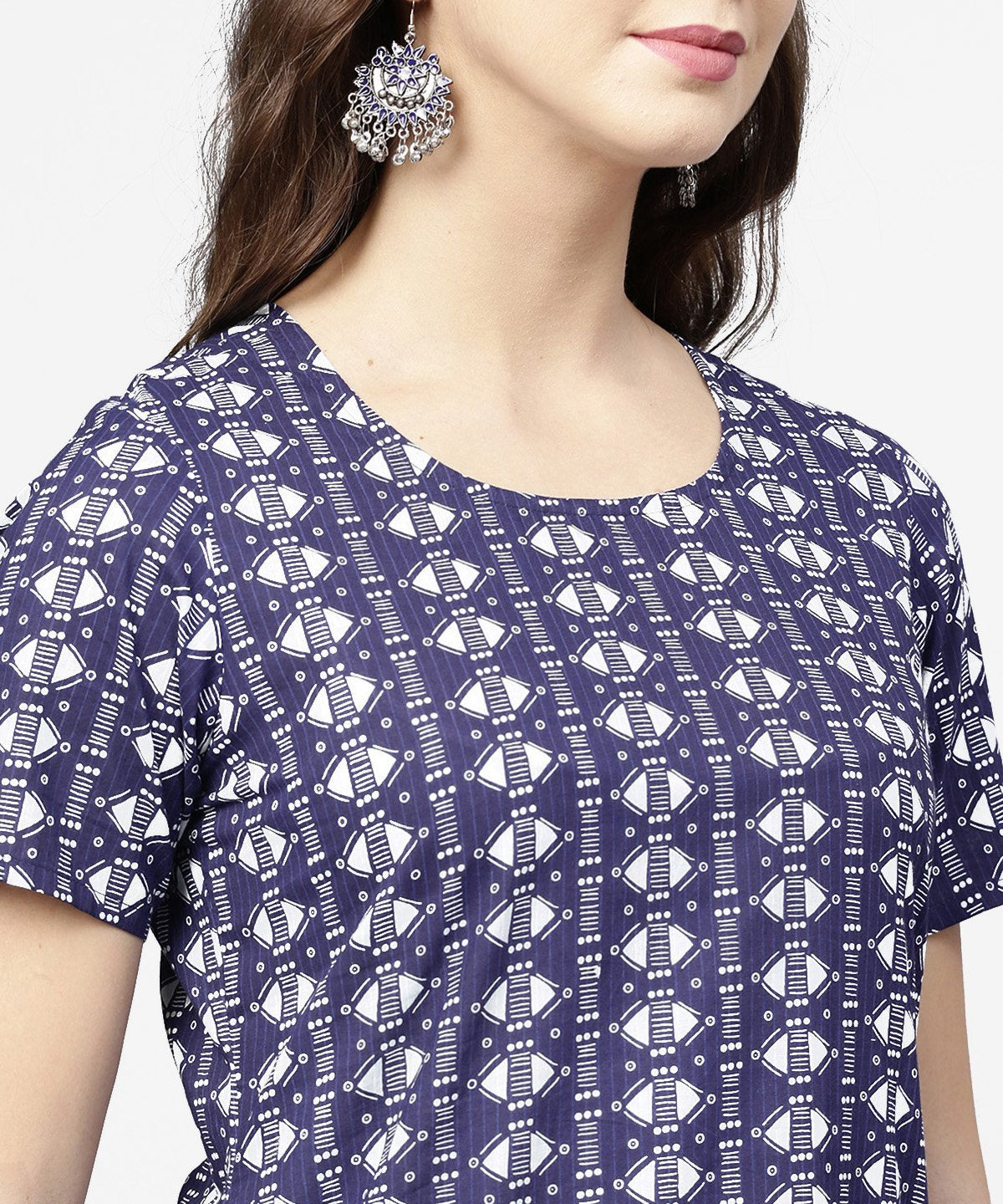 Blue Half Printed Straight Cotton Kurta With Dori Work | LASVINI - Redefining Indian Fashion with Elegance