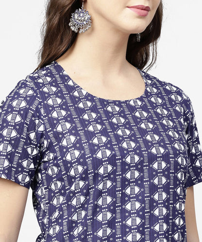 Blue Half Printed Straight Cotton Kurta With Dori Work | LASVINI - Redefining Indian Fashion with Elegance