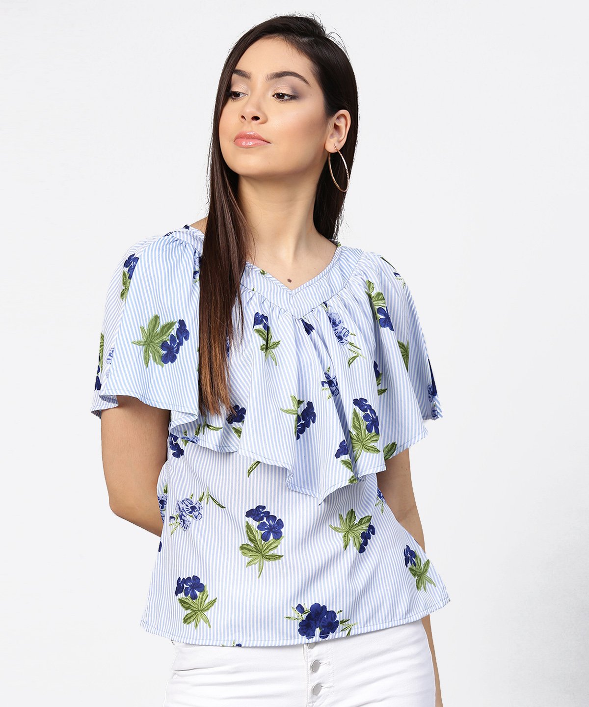 Blue Striped Cowl Design V-Neck Crop Tops | LASVINI - Redefining Indian Fashion with Elegance