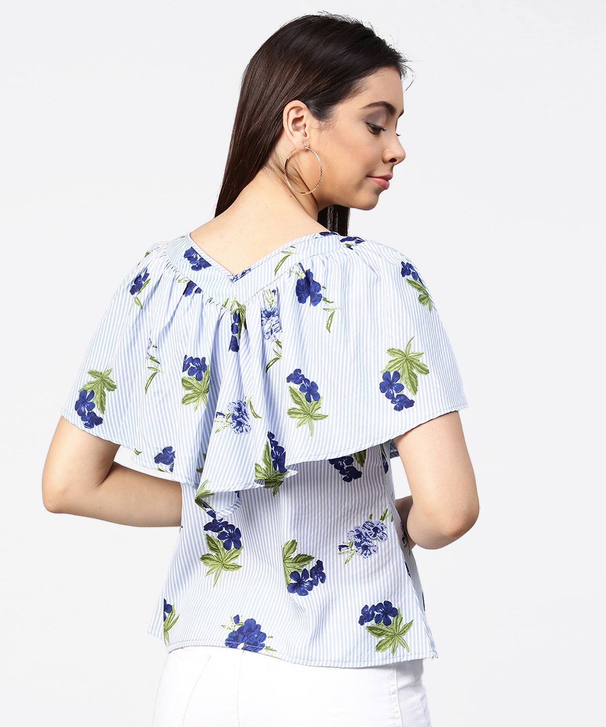 Blue Striped Cowl Design V-Neck Crop Tops | LASVINI - Redefining Indian Fashion with Elegance