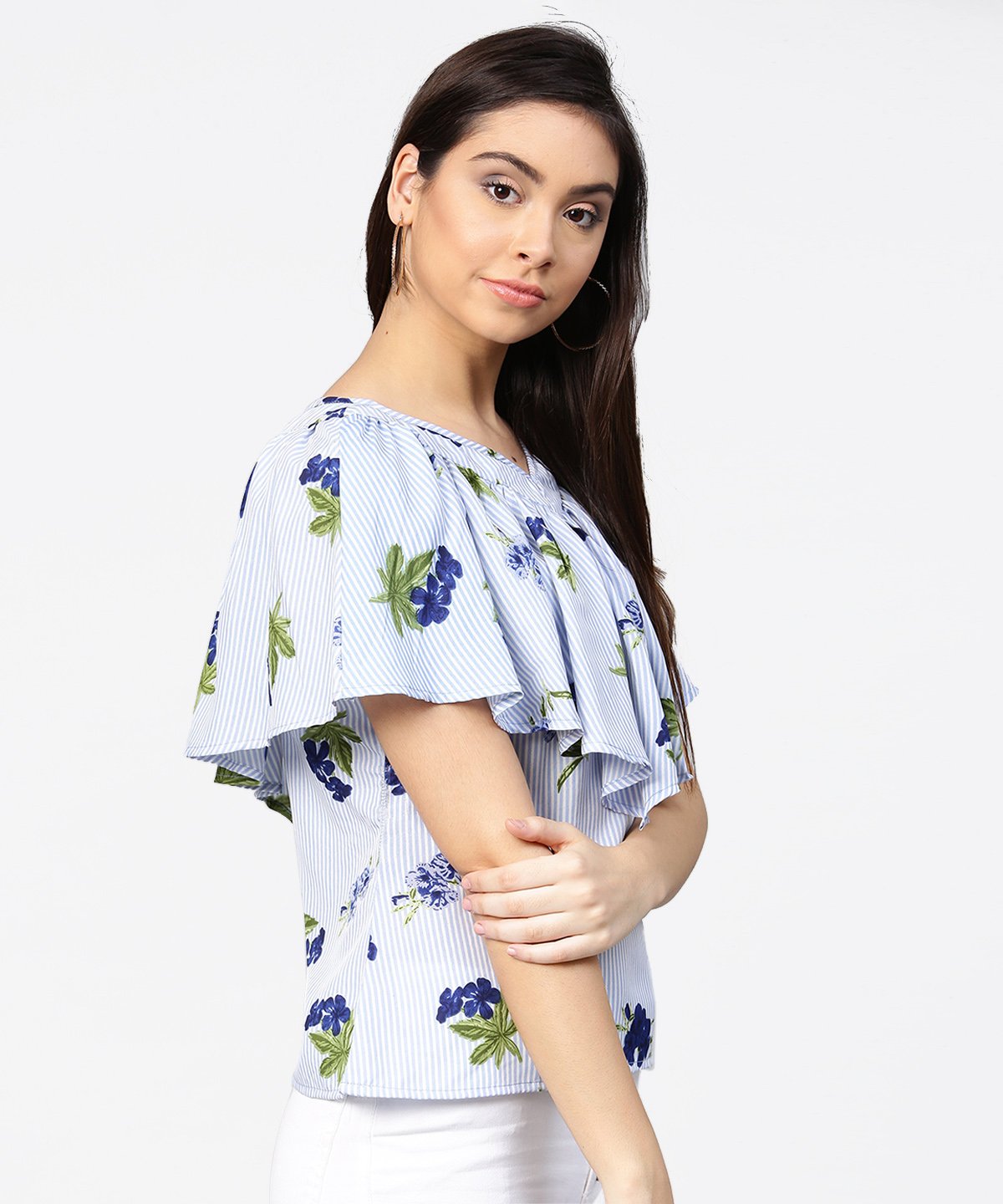 Blue Striped Cowl Design V-Neck Crop Tops | LASVINI - Redefining Indian Fashion with Elegance