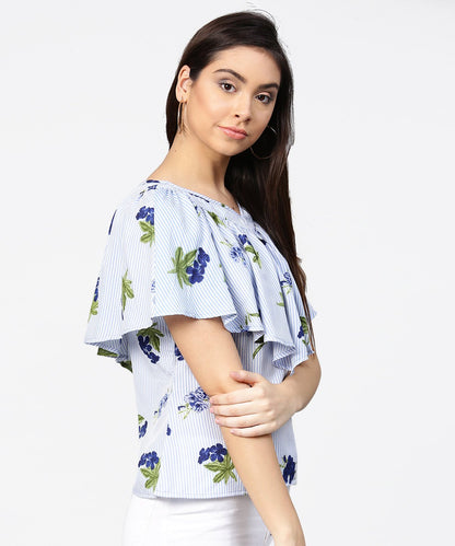 Blue Striped Cowl Design V-Neck Crop Tops | LASVINI - Redefining Indian Fashion with Elegance