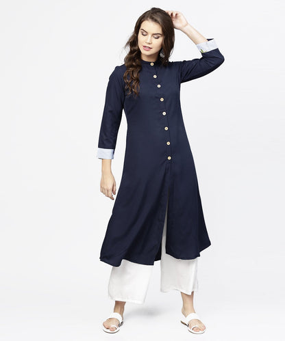 Navy Blue 3/4Th Sleeve Crepe A-Line Kurta With Button At Front | LASVINI - Redefining Indian Fashion with Elegance