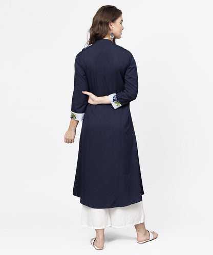 Navy Blue 3/4Th Sleeve Crepe A-Line Kurta With Button At Front | LASVINI - Redefining Indian Fashion with Elegance