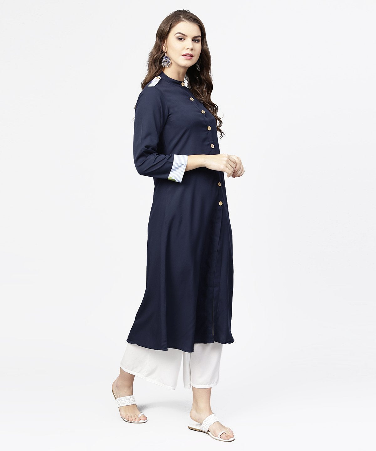 Navy Blue 3/4Th Sleeve Crepe A-Line Kurta With Button At Front | LASVINI - Redefining Indian Fashion with Elegance