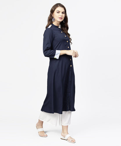 Navy Blue 3/4Th Sleeve Crepe A-Line Kurta With Button At Front | LASVINI - Redefining Indian Fashion with Elegance