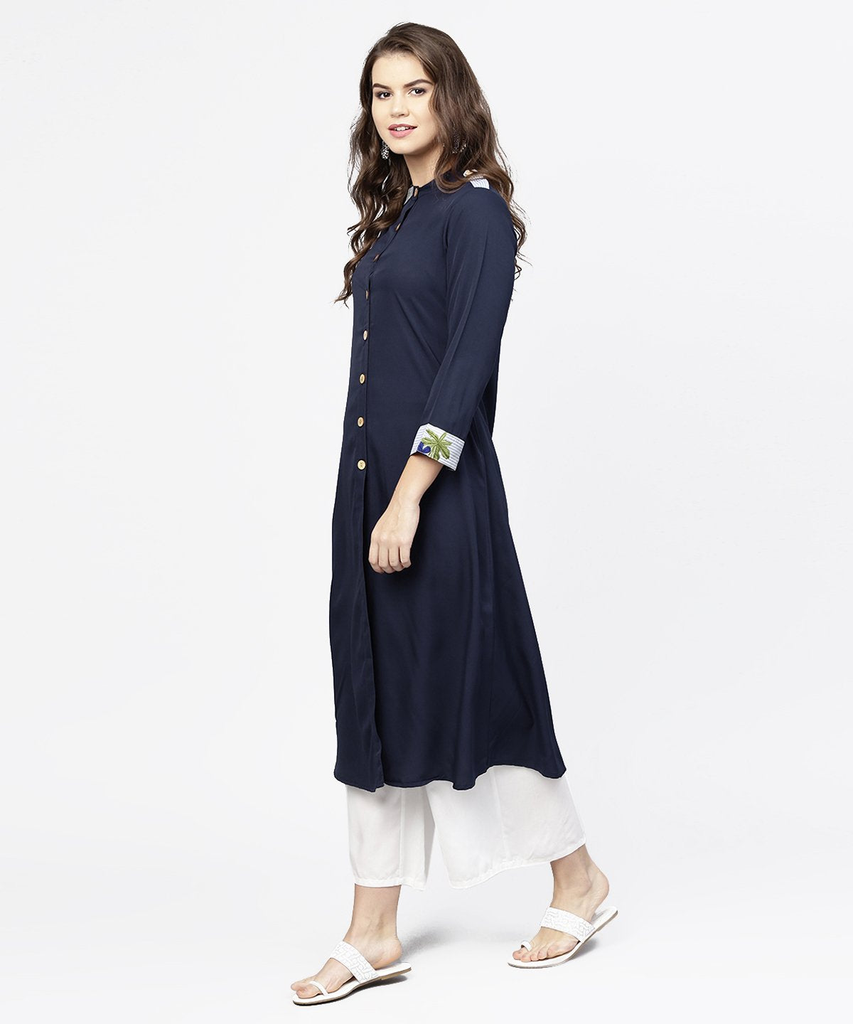 Navy Blue 3/4Th Sleeve Crepe A-Line Kurta With Button At Front | LASVINI - Redefining Indian Fashion with Elegance