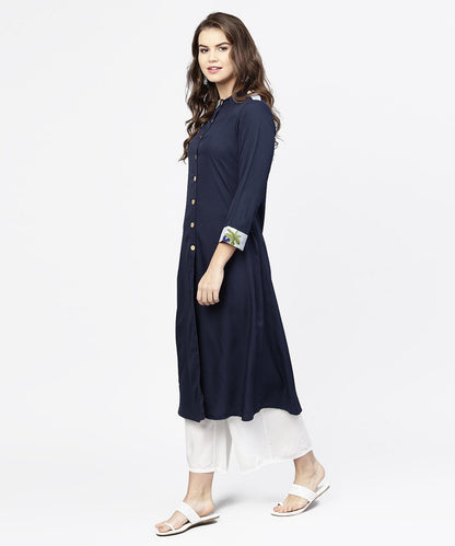 Navy Blue 3/4Th Sleeve Crepe A-Line Kurta With Button At Front | LASVINI - Redefining Indian Fashion with Elegance