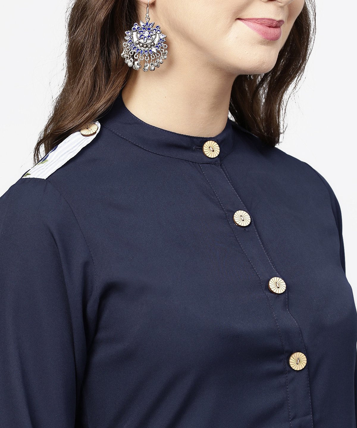 Navy Blue 3/4Th Sleeve Crepe A-Line Kurta With Button At Front | LASVINI - Redefining Indian Fashion with Elegance