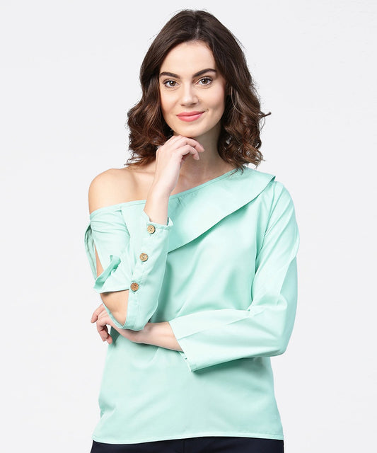 Aqua Blue Full Sleeve One Side Shoulder Tops | LASVINI - Redefining Indian Fashion with Elegance
