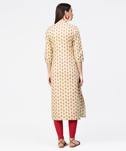 Off White Printed 3/4Th Sleeve Cotton Straight Kurta | LASVINI - Redefining Indian Fashion with Elegance