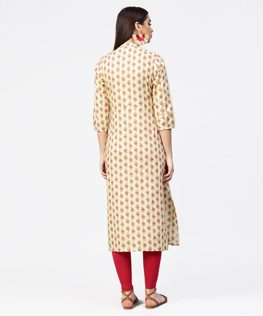 Off White Printed 3/4Th Sleeve Cotton Straight Kurta | LASVINI - Redefining Indian Fashion with Elegance