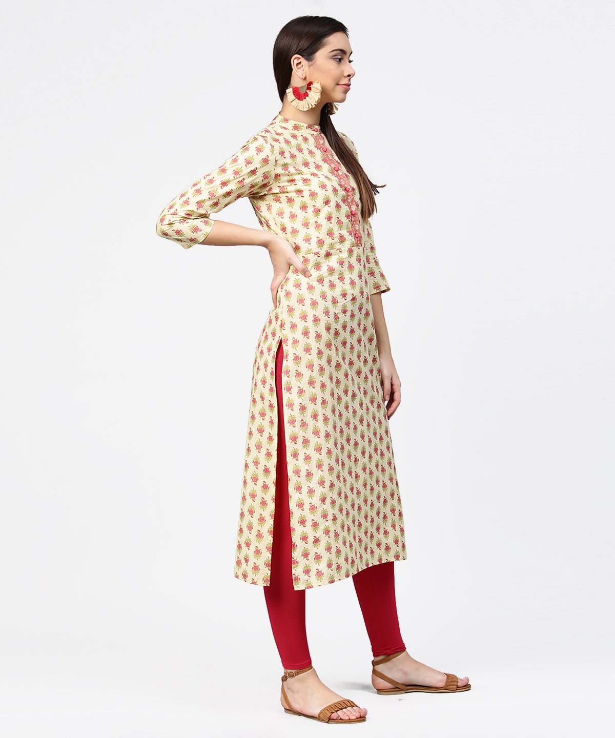 Off White Printed 3/4Th Sleeve Cotton Straight Kurta | LASVINI - Redefining Indian Fashion with Elegance