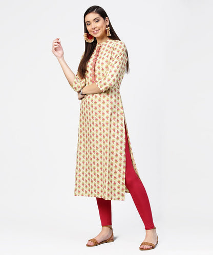Off White Printed 3/4Th Sleeve Cotton Straight Kurta | LASVINI - Redefining Indian Fashion with Elegance