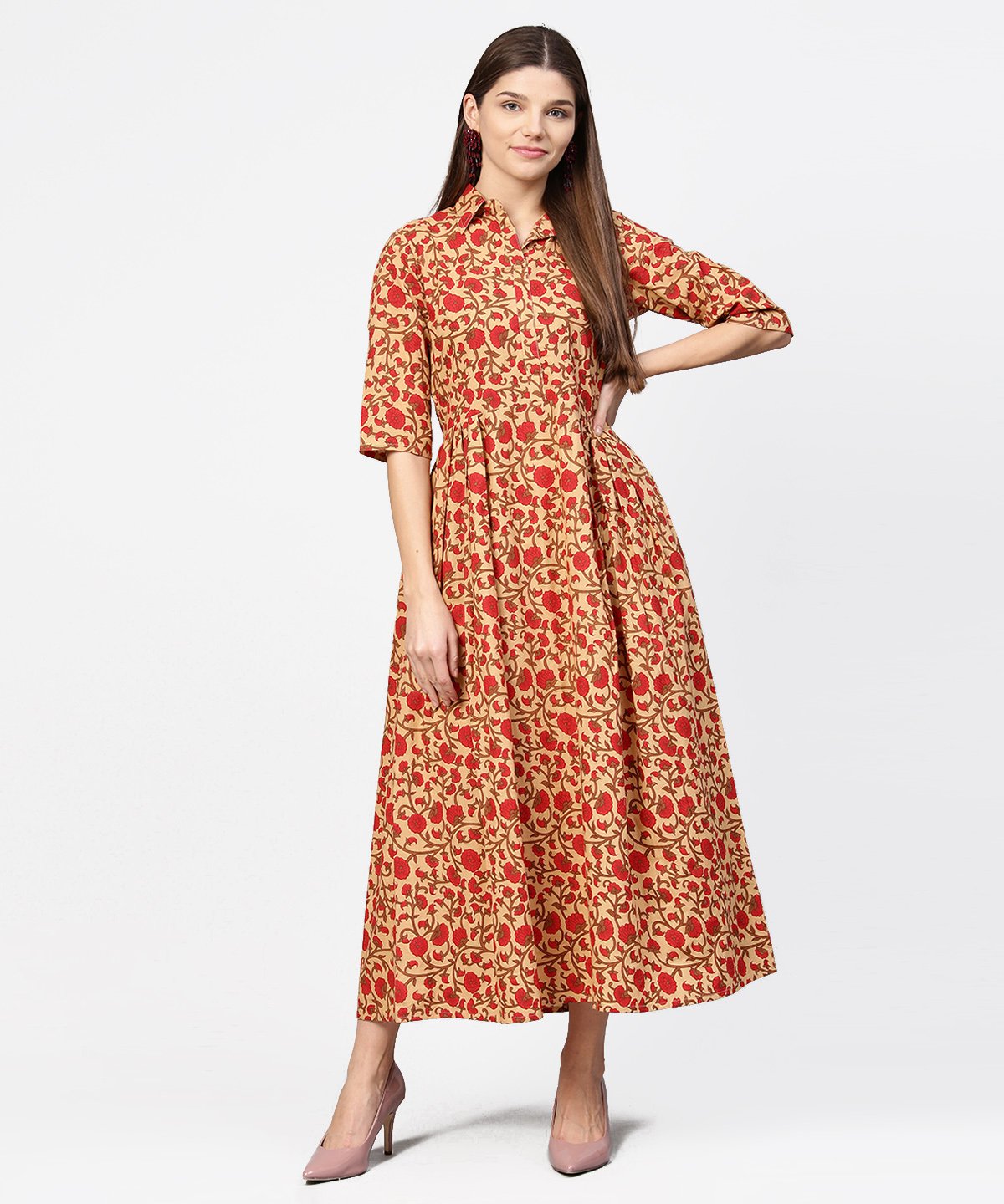 Yellow & Red Printed Half Sleeve Cotton Maxi Dress | LASVINI - Redefining Indian Fashion with Elegance
