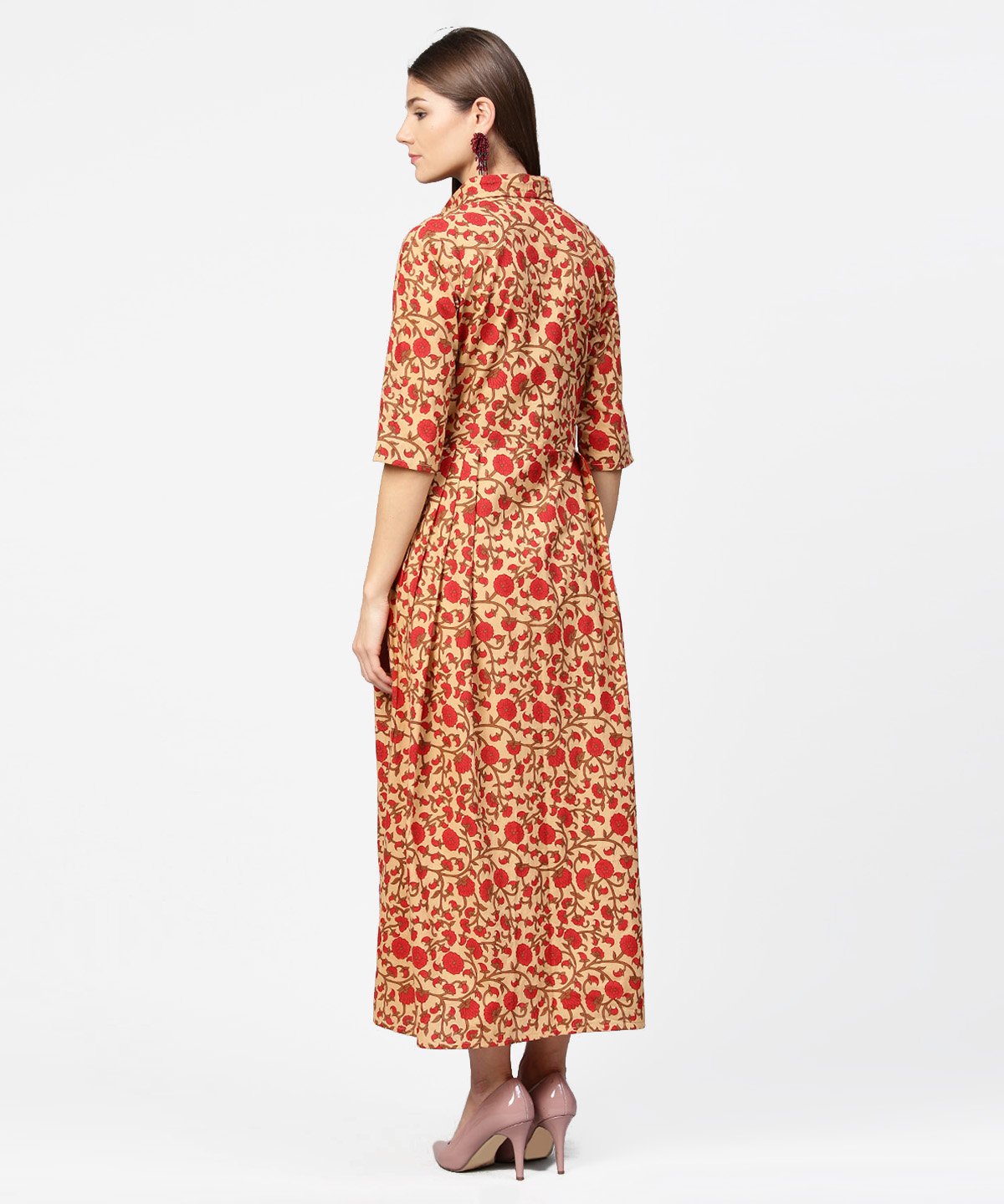 Yellow & Red Printed Half Sleeve Cotton Maxi Dress | LASVINI - Redefining Indian Fashion with Elegance