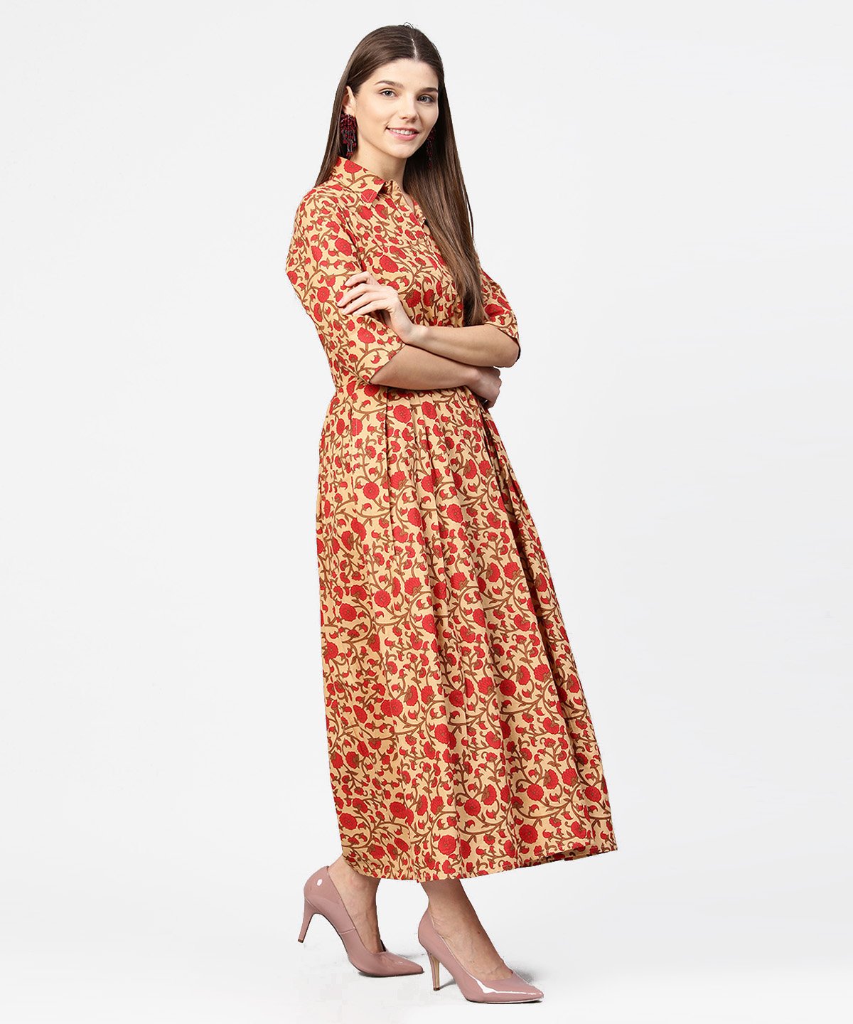 Yellow & Red Printed Half Sleeve Cotton Maxi Dress | LASVINI - Redefining Indian Fashion with Elegance