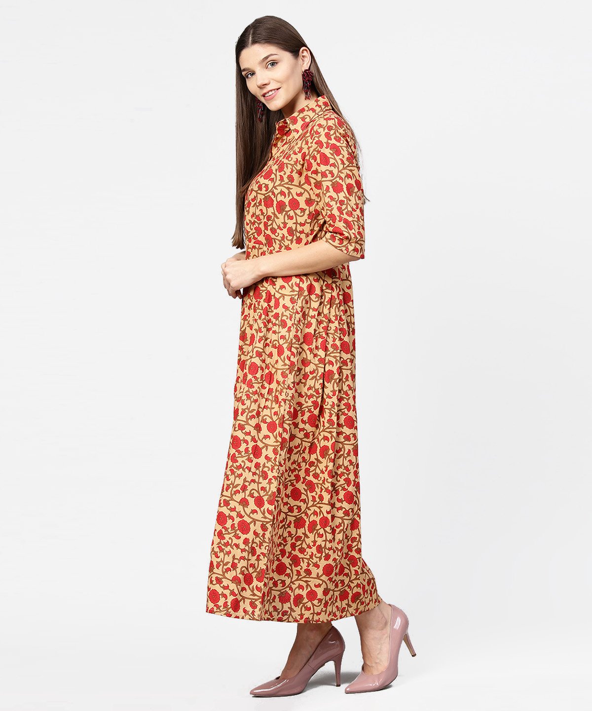 Yellow & Red Printed Half Sleeve Cotton Maxi Dress | LASVINI - Redefining Indian Fashion with Elegance