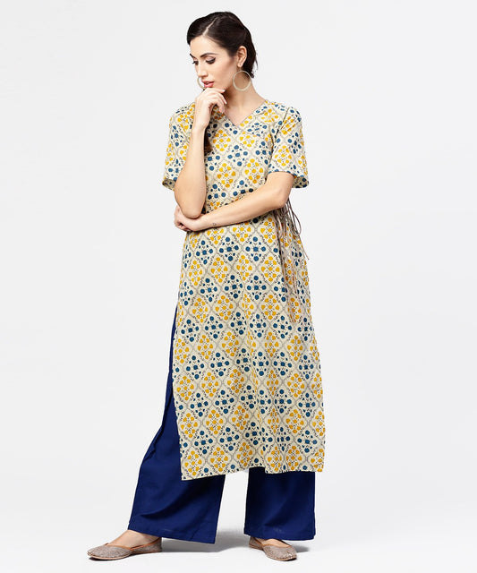Yellow Printed Half Sleeve Cotton Straight Kurta With Dori Work | LASVINI - Redefining Indian Fashion with Elegance