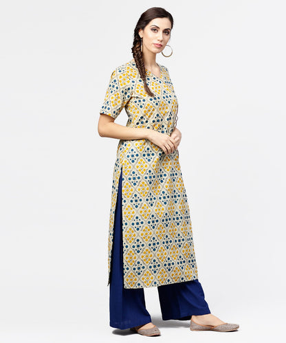 Yellow Printed Half Sleeve Cotton Straight Kurta With Dori Work | LASVINI - Redefining Indian Fashion with Elegance