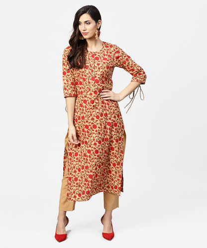 Yellow & Red Printed 3/4Th Sleeve Straight Cotton Kurta | LASVINI - Redefining Indian Fashion with Elegance